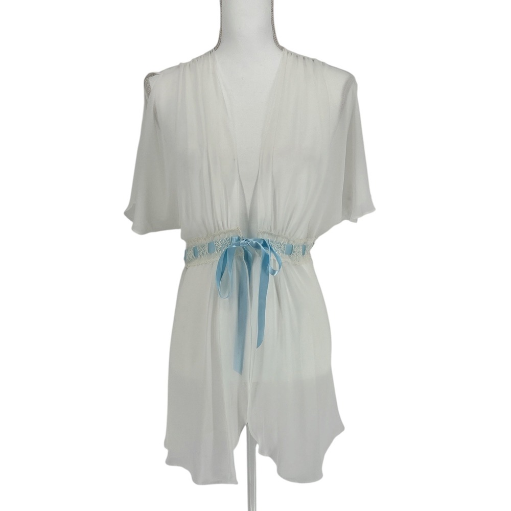 In Bloom Jonquil White Sheer Chiffon Lingerie Robe Bridal Blue Ribbon Lace L